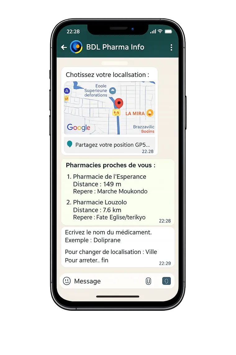Maquette WhatsApp : la position est partagée, le bot répond avec les pharmacies les plus proches, leur distance et leur repère, puis invite à écrire le nom du médicament.