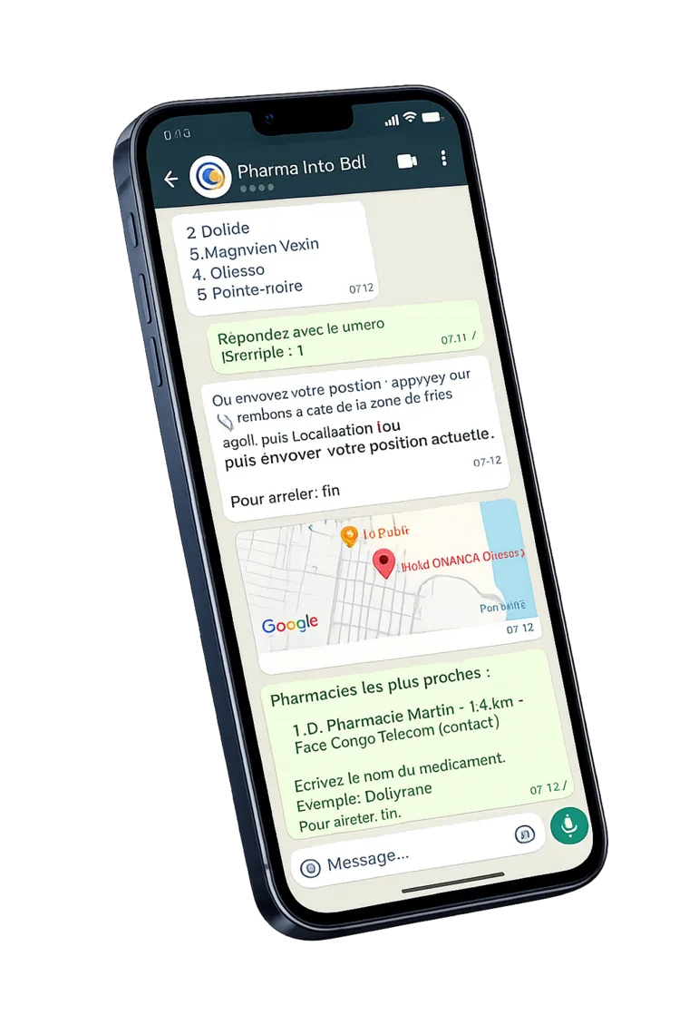 Maquette WhatsApp : liste numérotée des villes couvertes, consigne de répondre par le numéro ou d’envoyer sa position, puis pharmacies les plus proches.