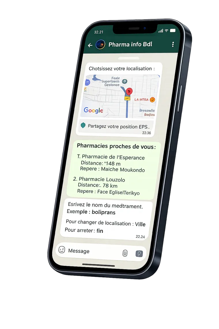 Maquette WhatsApp : pharmacies proches classées par distance avec leur repère, puis invitation à écrire le nom du médicament recherché.